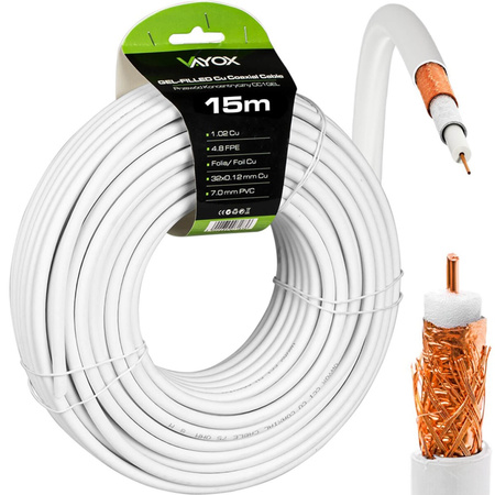 Przewód Kabel Antenowy Koncentryczny Miedź Żel CU Ziemny 4K Full HD Biały 15M VAYOX