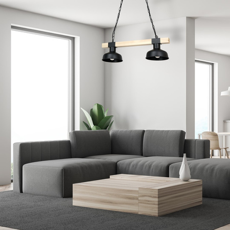 Lampa Wisząca Sufitowa FARO Czarna Drewno Naturalne 2xE27 60W Milagro