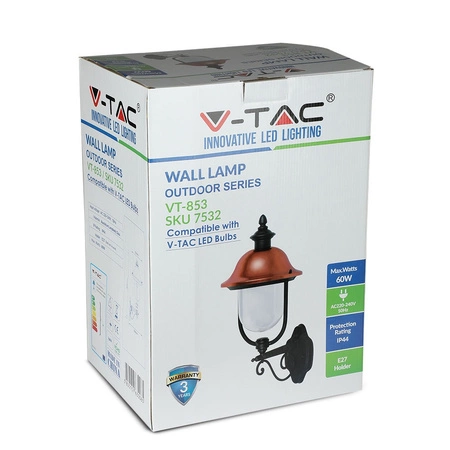 Lampa Ogrodowa Elewacyjna Kinkiet E27 Przezroczysty klosz Czarny mat VT-853 V-TAC