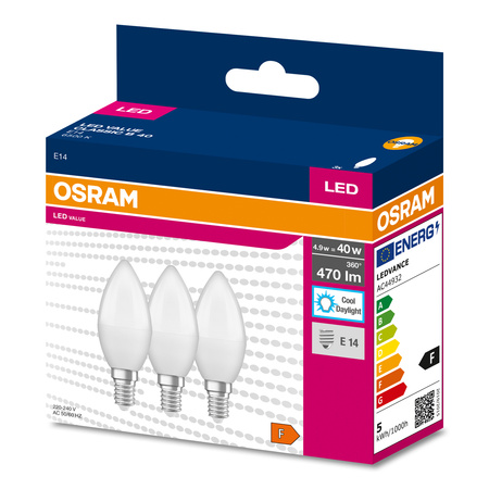 3x Żarówka LED B37 Świeczka E14 4.9W = 40W 470lm 6500K Zimna 200° VALUE CLASSIC Osram