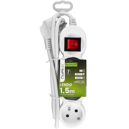 Przedłużacz Sieciowy Kabel z Uziemieniem Listwa Zasilająca 3 Gniazda 1.5m Włącznik ON/OFF Biały Sznur Lendo Lumiled