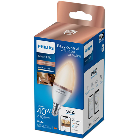 Żarówka LED E14 Świeczka C37 4.9W = 40W 470lm 2700-6500K TW Inteligentna SMART WiFi Bluetooth Aplikacja WiZ Philips