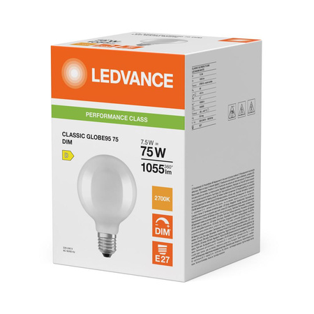 Żarówka LED Kula E27 G95 7.5W = 75W 1055lm 2700K Ciepła 300° Ściemnialna Ledvance