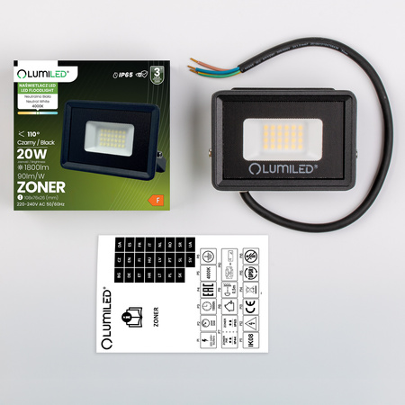 Naświetlacz LED ZONER 20W 1800LM 4000K IP65 Czarny LUMILED
