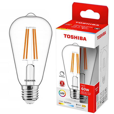 Żarówka LED E27 ST64 7W = 60W 806lm 2700K Ciepła Filament Ściemnialna TOSHIBA