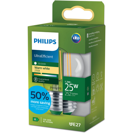 Żarówka LED E27 Kulka P45 1.2W = 25W 252lm 210lm/W 2700K Ciepła 300° KLASA A UltraEfficient Philips