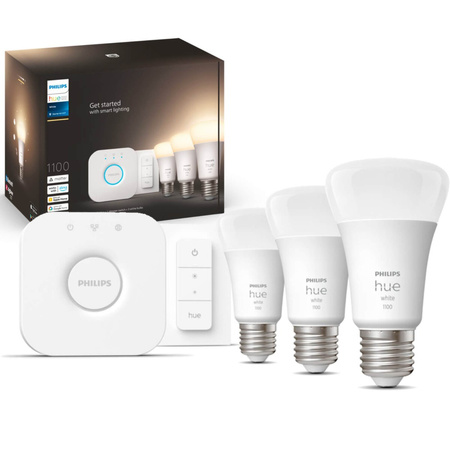 3PAK Żarówka LED E27 A60 9,5W 2700K Ciepła PHILIPS HUE White Bluetooth Zigbee + Mostek Hue Bridge + Przełącznik Dimmer Switch