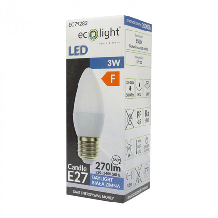 Żarówka LED Świeczka B37 E27 3W 270lm 6500K Zimna Ecolight