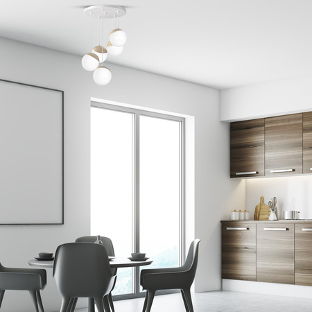 Lampa wisząca SFERA 5xE14 Białe Kule Drewniane Detale MLP5426 Milagro Metal + Drewno + Szkło