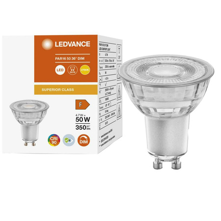 Żarówka LED GU10 4,7W = 50W 350lm 2700K Ciepła 36° CRI90 Ściemnialna Szklana LEDVANCE Superior