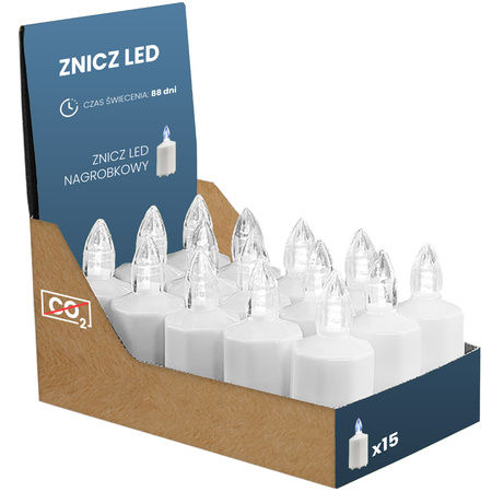 Zestaw 15x Znicz Elektryczny LED Świeca Wkład Nagrobkowy + 30 Baterii R6 Biały