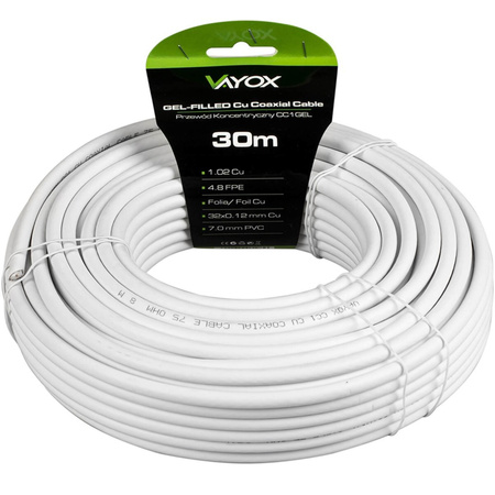 Przewód Kabel Antenowy Koncentryczny Miedź Żel CU Ziemny 4K Full HD Biały 30M VAYOX