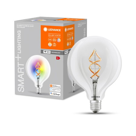 Żarówka LED E27 G125 4,5W = 30W 2700K Ciepła RGB 300lm 300° Filament LEDVANCE SMART+ WIFI Ściemnialna