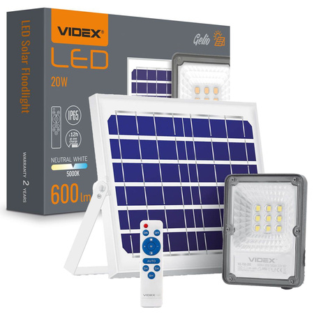 Naświetlacz Solarny Lampa 9x LED 20W 600lm 5000K IP65 VIDEX Czujnik Zmierzchu z Pilotem