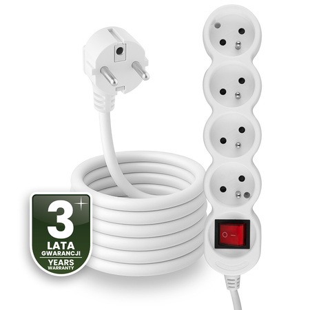 Przedłużacz Sieciowy Kabel z Uziemieniem Listwa Zasilająca 4 Gniazda 5m Włącznik ON/OFF Biały Sznur Lendo Lumiled