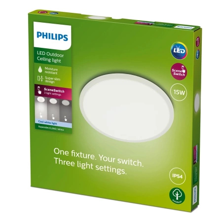 Lampa Ogrodowa Plafon LED 15W 1500lm 4000K IP54 SceneSwitch Biała SuperSlim Philips