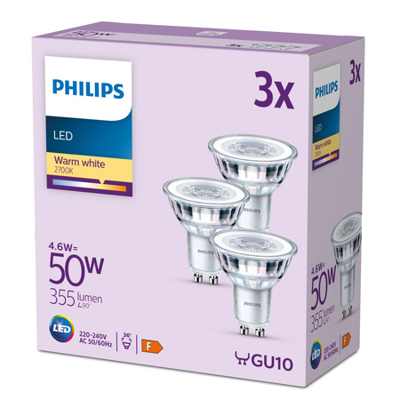 3x Żarówka LED GU10 Reflektor PAR16 4.6W = 50W 355lm 2700K Ciepła 36° EC Multipack Philips