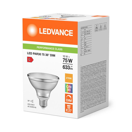 Żarówka LED E27 PAR30 10W = 75W 633lm 2700K Ciepła 36° DIM LEDVANCE