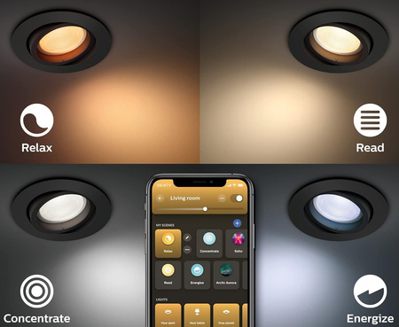 3x Oprawa Podtynkowa Wpuszczana LED 4.2W 400lm IP20 White and Color Ambiance RGB + TW Czarna Inteligentna SMART Zigbee Bluetooth Centura Philips HUE