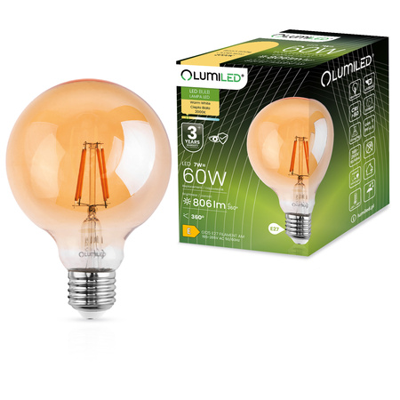 Żarówka LED E27 Kula G125 7W = 60W 806lm 2000K Ciepła 360° BURSZTYNOWA FILAMENT LUMILED