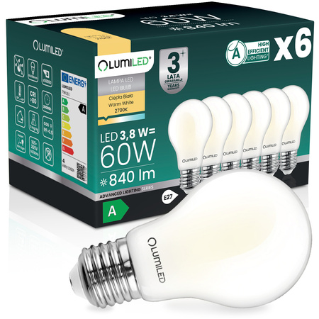 6x Żarówka LED E27 A60 3,8W 840lm = 60W 2700K Ciepła 360° Filament KLASA A LUMILED