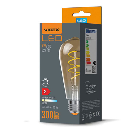 Żarówka LED E27 ST64 Edison 4W = 28W 300lm 2200K Ciepła 360° FILAMENT Bursztynowa Ściemnialna Videx