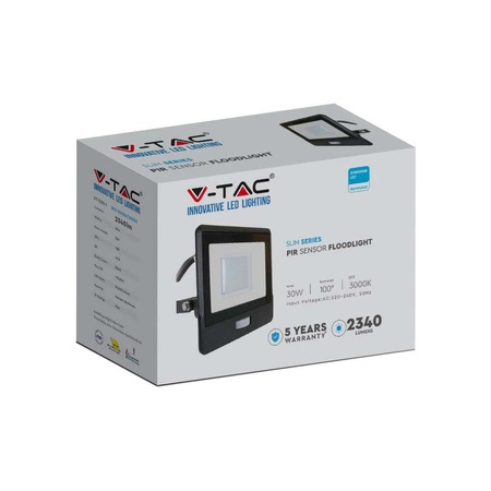 Naświetlacz LED 30W 2340lm 3000K IP65 Czarny z czujnikiem ruchu i funkcją CUT-OFF Samsung Chip VT-138S-1-B V-TAC