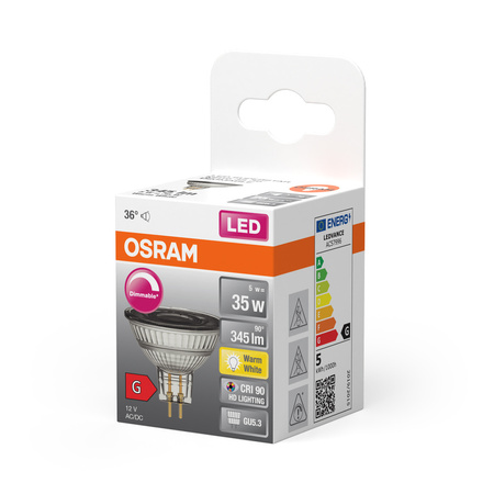 Żarówka LED MR16 Reflektor GU5.3 5W = 35W 345lm 2700K Ciepła CRI90 12V 36° Ściemnialna SUPERSTAR Osram
