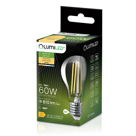 Żarówka LED E27 A60 7W = 60W 810lm 3000K Ciepła 360° FILAMENT LUMILED