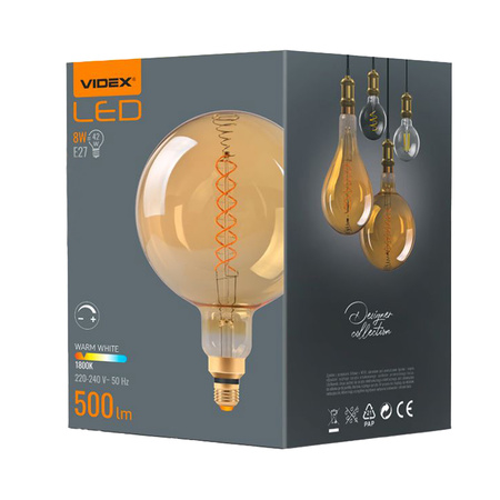 Żarówka LED E27 G200 Kula 8W = 42W 500lm 1800K Ciepła 360° FILAMENT Bursztynowa Ściemnialna Videx