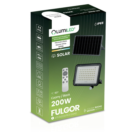 Naświetlacz Solarny LED Halogen 200W Lampa Ogrodowa 4000K IP65 Czujnik Ruchu PIR + Pilot FULGOR LUMILED