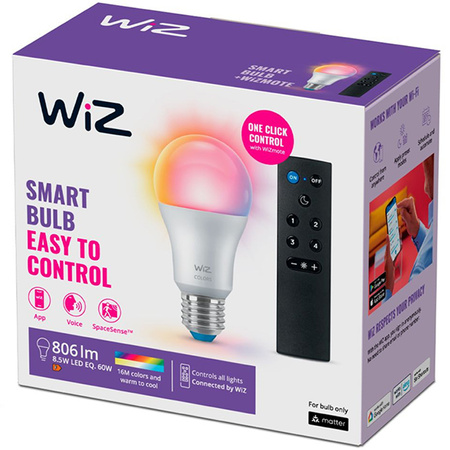 Żarówka LED E27 A60 8.5W = 60W 806lm 2200-6500K RGB + TW Inteligentna SMART WiFi Bluetooth Aplikacja WiZ + Pilot Sterujący