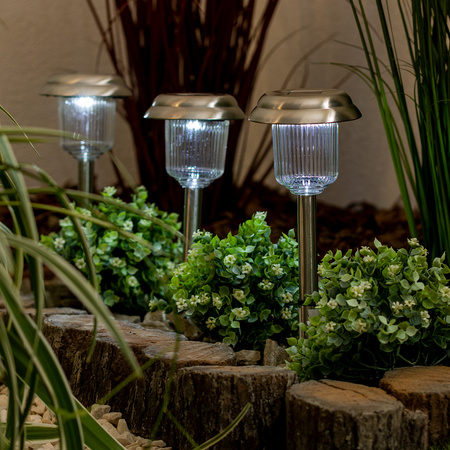 Lampa Solarna Ogrodowa LED Wbijana Zewnętrzna 6000K Zimna Chrom 41cm