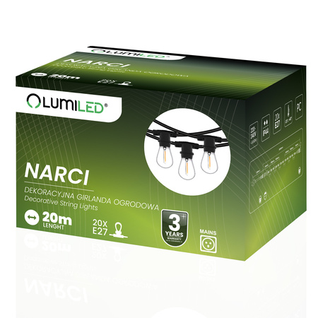 Girlanda Ogrodowa Zewnętrzna Łańcuch Świetlny 20m 20x E27 Żarówki 2W 3000K NARCI Lumiled