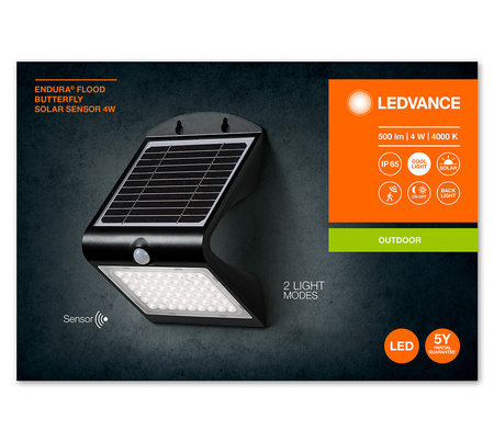 Lampa Solarna Ogrodowa LED Kinkiet Elewacyjny Zewnętrzny 4W 500lm 4000K IP65 Czarny z Czujnikiem Ruchu i Zmierzchu Endura Ledvance