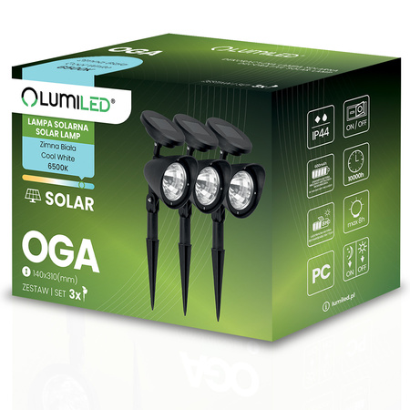 3x Lampa Ogrodowa LED Solarna Wbijana Czarna Kierunkowa OGA Reflektor IP44 6500K LUMILED