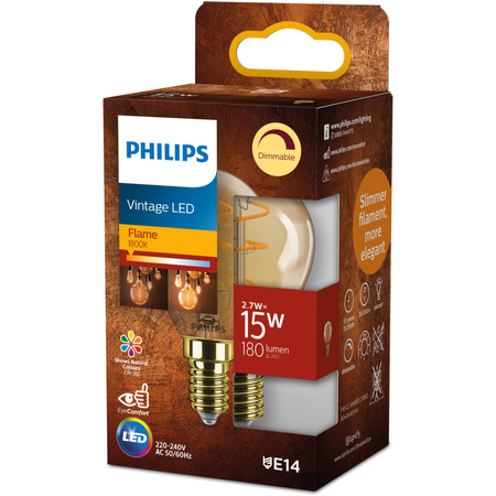 Żarówka LED E14 Kulka P45 2.7W = 15W 180lm 1800K Ciepła CRI90 300° FILAMENT Vintage Bursztynowa Ściemnialna Decorative Philips