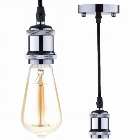 LAMPA Wisząca Zawiesie z Oprawką E27 Nikiel 100cm Czarny Kabel Loft