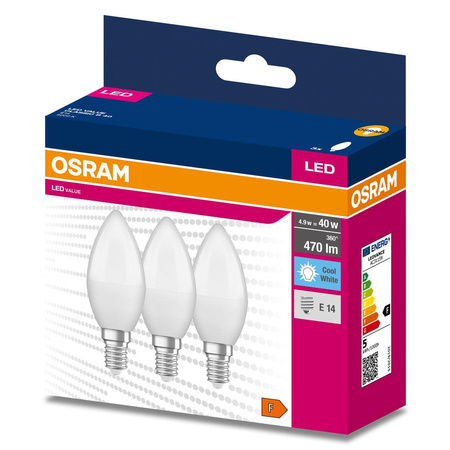 3x Żarówka LED B37 Świeczka E14 4.9W = 40W 470lm 4000K Neutralna 200° VALUE CLASSIC Osram