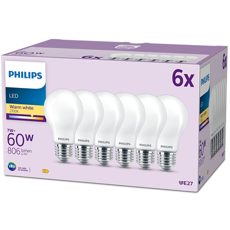 6x Żarówka LED E27 A60 7W = 60W 806lm 2700K Ciepła 300° FILAMENT EC Multipack Philips