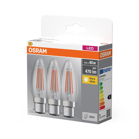 3x Żarówka LED B35 Świeczka B22d 4W = 40W 470lm 2700K Ciepła 300° BASE Osram