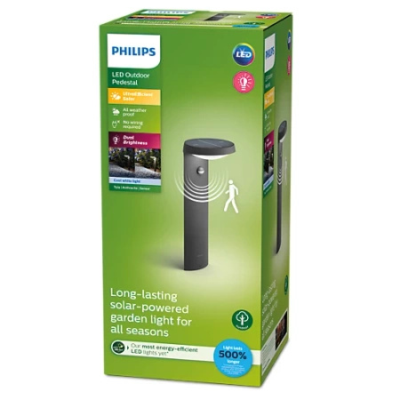 Lampa Ogrodowa Solarna Zewnętrzna SŁUPEK 40cm LED 1.2W 255lm 4000K IP44 z Czujnikiem Ruchu i Zmierzchu Tyla Ultra Efficient Philips