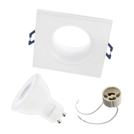 Zestaw Oprawa Halogenowa Podtynkowa SZKLANA Biała Kwadratowa IP44 Łazienkowa + Żarówka LED GU10 Lumiled Zimna 36°+ Gniazdo