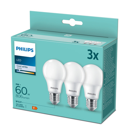 3PAK Żarówka LED E27 A60 8W = 60W 806lm 4000K Neutralna PHILIPS