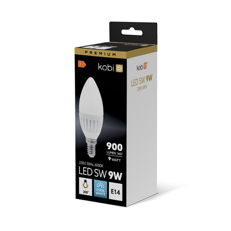 Żarówka LED E14 Świeczka 9W 900lm 6000K Zimna 200° Premium Kobi