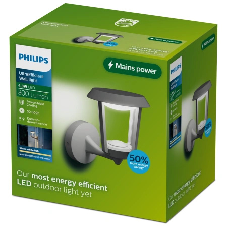Kinkiet Ogrodowy Lampa Zewnętrzna Elewacyjna LED 4.3W 800lm 2700K Ciepła IP44 Antracyt z Czujnikiem Zmierzchu UltraEfficient Nuvy Philips