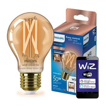 Żarówka LED E27 A60 7W = 50W 640lm 2000-5000K TW FILAMENT Bursztynowa Inteligentna SMART WiFi Bluetooth Aplikacja WiZ Philips