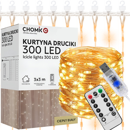 Kurtyna Świetlna Lampki Świąteczne Druciki 300LED Ciepły Biały 3+3m 