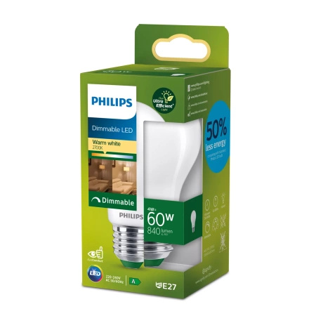 Żarówka LED E27 A60 4W = 60W 840lm 210lm/W 2700K Ciepła 300° Ściemnialna KLASA A UltraEfficient Philips