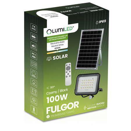 Naświetlacz Solarny LED Halogen 100W Lampa Ogrodowa 4000K IP65 Czujnik Ruchu PIR + Pilot FULGOR LUMILED